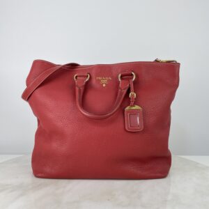 Prada Red Vitello Daino Tote Bag W/ Strap