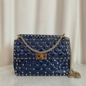 Valentino Navy Blue Medium Rockstud Spike Top Handle Bag W/ Chain