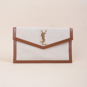 YSL Brown Raffia Uptown Flap Pouch