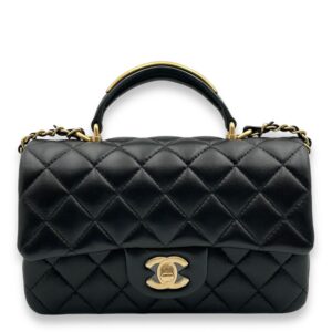 Rectangle with Metal Top Handle Mini Black Crossbody Bag in Lambskin, Gold hardware