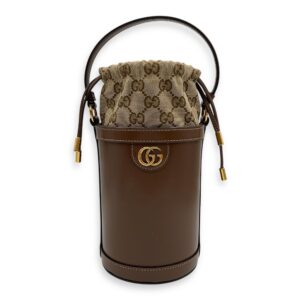 Ophidia Mini Brown Bucket Bag in Calfskin, Gold hardware