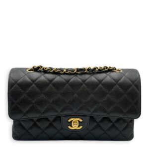 Classic Double Flap Medium Black Shoulder Bag in Caviar Leather, Gold hardware
