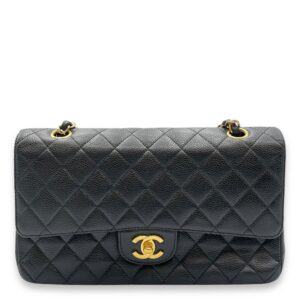 Classic Medium Black Double Flap Bag in Caviar Leather, Gold hardware