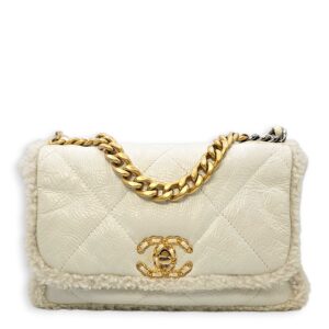 C19 Flap White Shoulder Bag in Shiny Calf & Shearling, Gold & Silver hardware