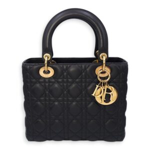 Lady Dior Medium Black Top Handle Bag in Lambskin, Gold hardware
