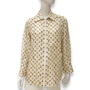 Monogram Zip Up Long Sleeve Shirt 36 Cream Ready-To-Wear in Silk