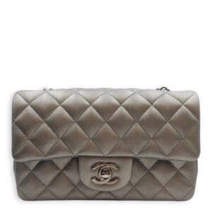 Quilted Rectangular Mini Grey Flap Bag in Lambskin, Silver hardware