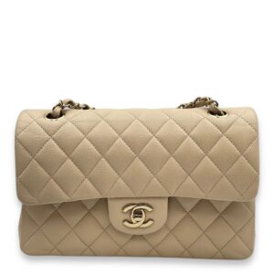 Quilted CC Classic Small Beige Double Flap Bag in Caviar Leather, Gold hardware