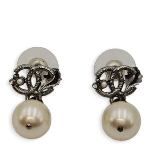 CC Logo with Pearls Black Dangling Earrings, Gunmetal hardware