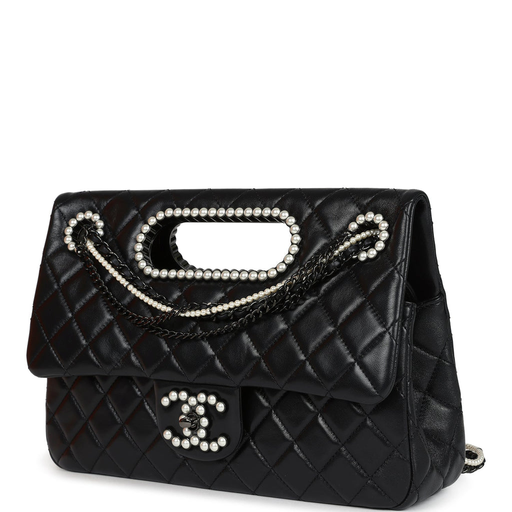 Chanel Large Double Flap Bag with Pearl Cut Out Handle Black Shiny Lambskin Black Hardware - Image 6