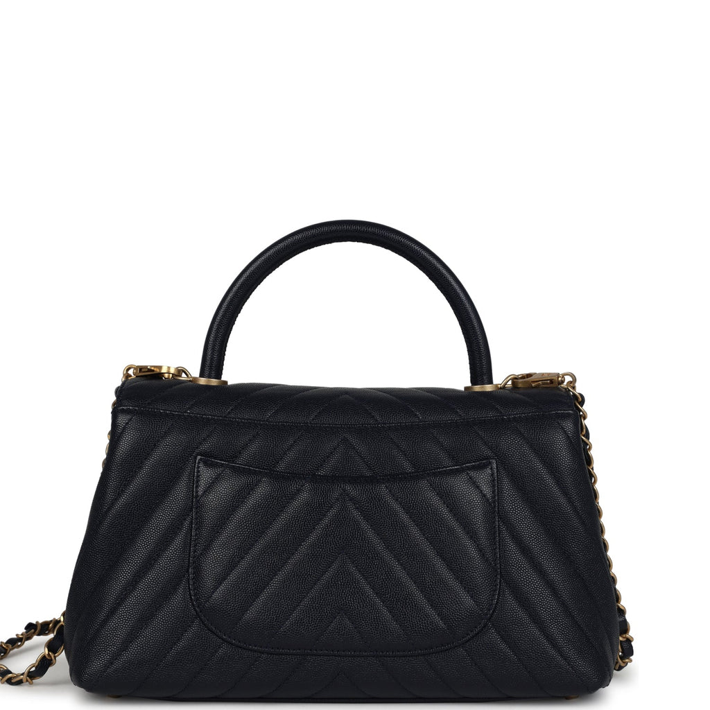 Pre-owned Chanel Medium Coco Top Handle Navy Blue Chevron Caviar Antique Gold Hardware - Image 5