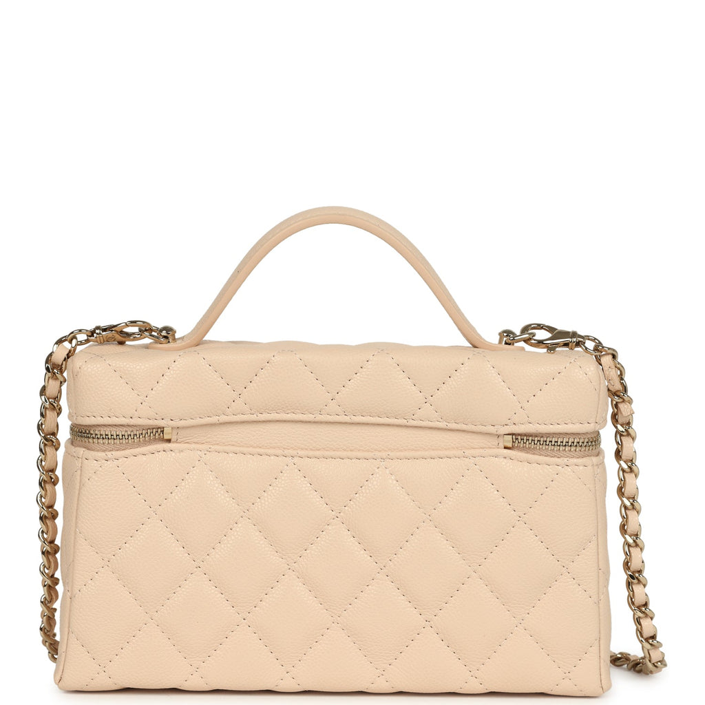 Chanel Top Handle Long Vanity Case with Chain Light Beige Shiny Caviar Light Gold Hardware - Image 5