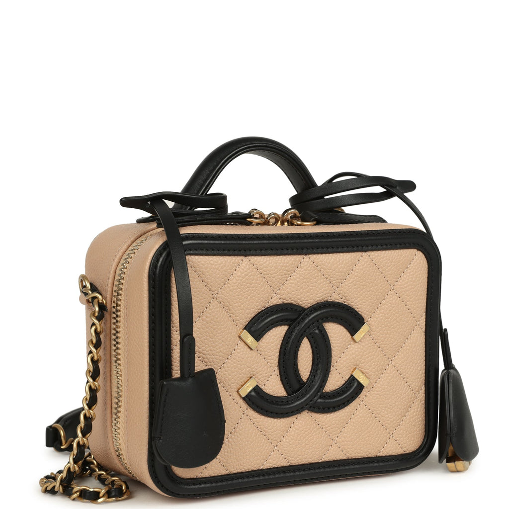 Pre-owned Chanel Small CC Filigree Vanity Case Black and Beige Caviar Antique Gold Hardware - Image 3