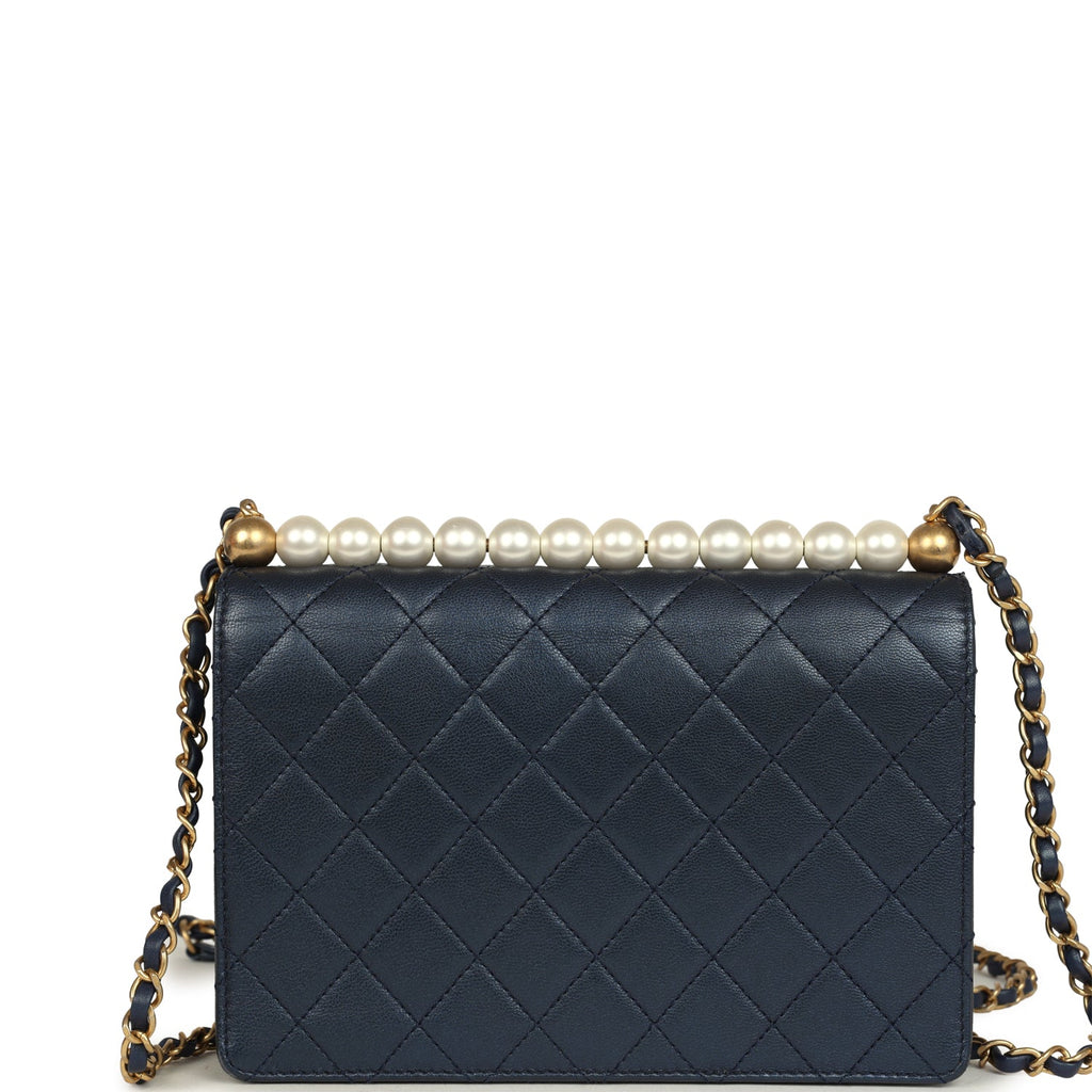 Pre-owned Chanel Small Chic Pearls Flap Bag Navy Calfskin Antique Gold Hardware - Image 5