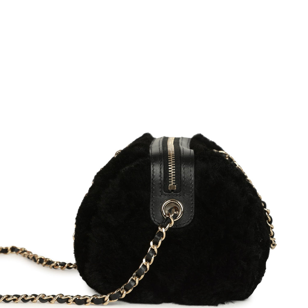 Chanel Mini Timeless Classic Barrel Bag with Chain Black Shearling Light Gold Hardware - Image 4