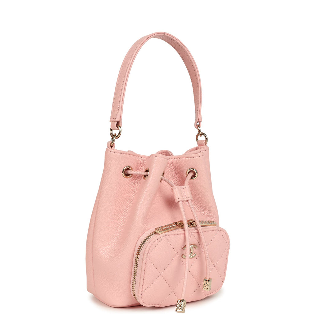 Chanel Mini Top Handle Bucket Bag with Chain Pink Shiny Caviar Light Gold Hardware - Image 3