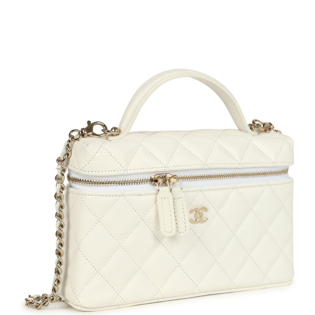 Chanel Top Handle Long Vanity Case with Chain White Shiny Caviar Light Gold Hardware - Image 3