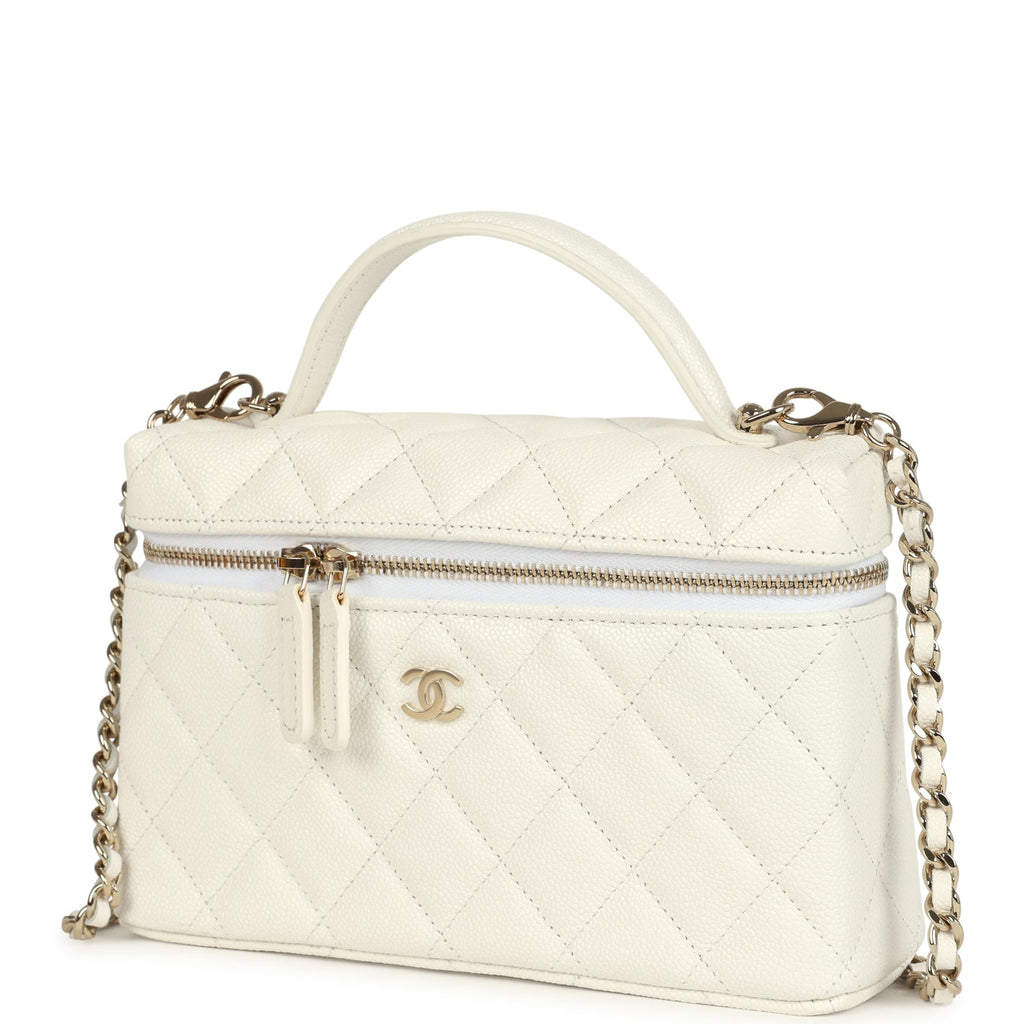 Chanel Top Handle Long Vanity Case with Chain White Shiny Caviar Light Gold Hardware - Image 6