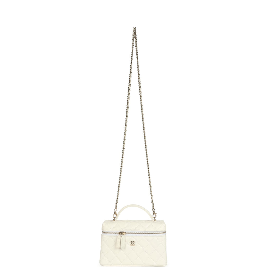Chanel Top Handle Long Vanity Case with Chain White Shiny Caviar Light Gold Hardware - Image 8