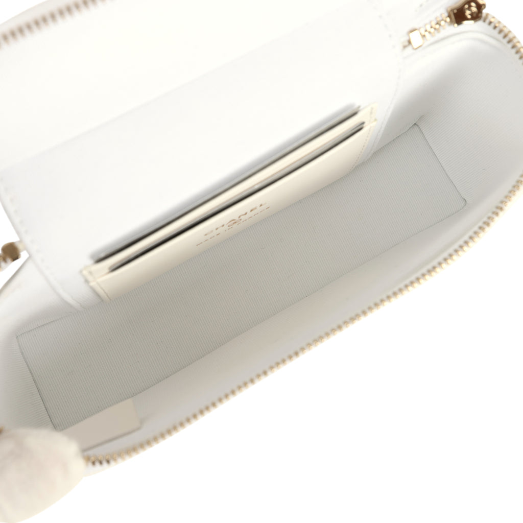 Chanel Top Handle Long Vanity Case with Chain White Shiny Caviar Light Gold Hardware - Image 9