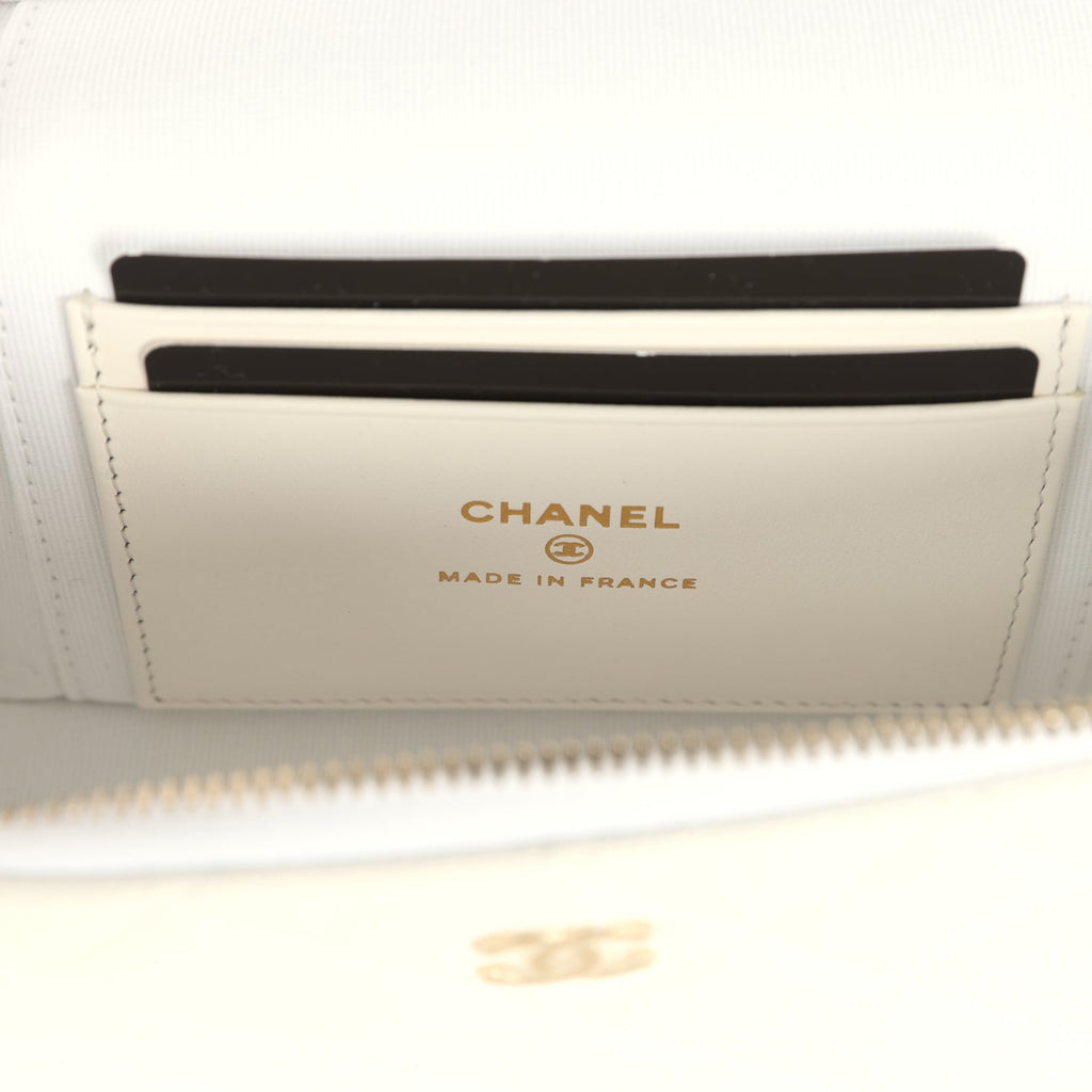 Chanel Top Handle Long Vanity Case with Chain White Shiny Caviar Light Gold Hardware - Image 10