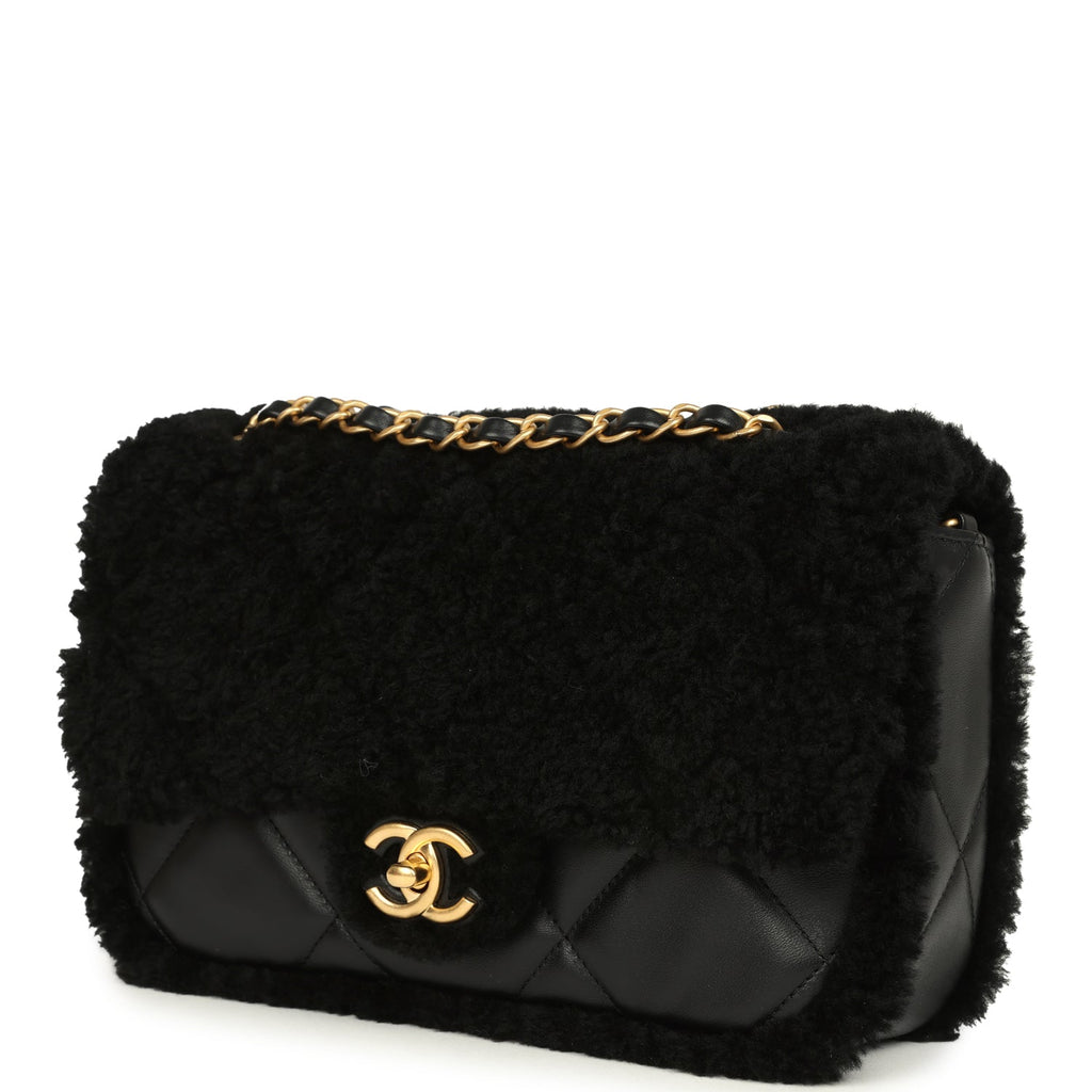 Chanel Medium Shearling Flap Bag Black Lambskin Brushed Gold Hardware - Image 6