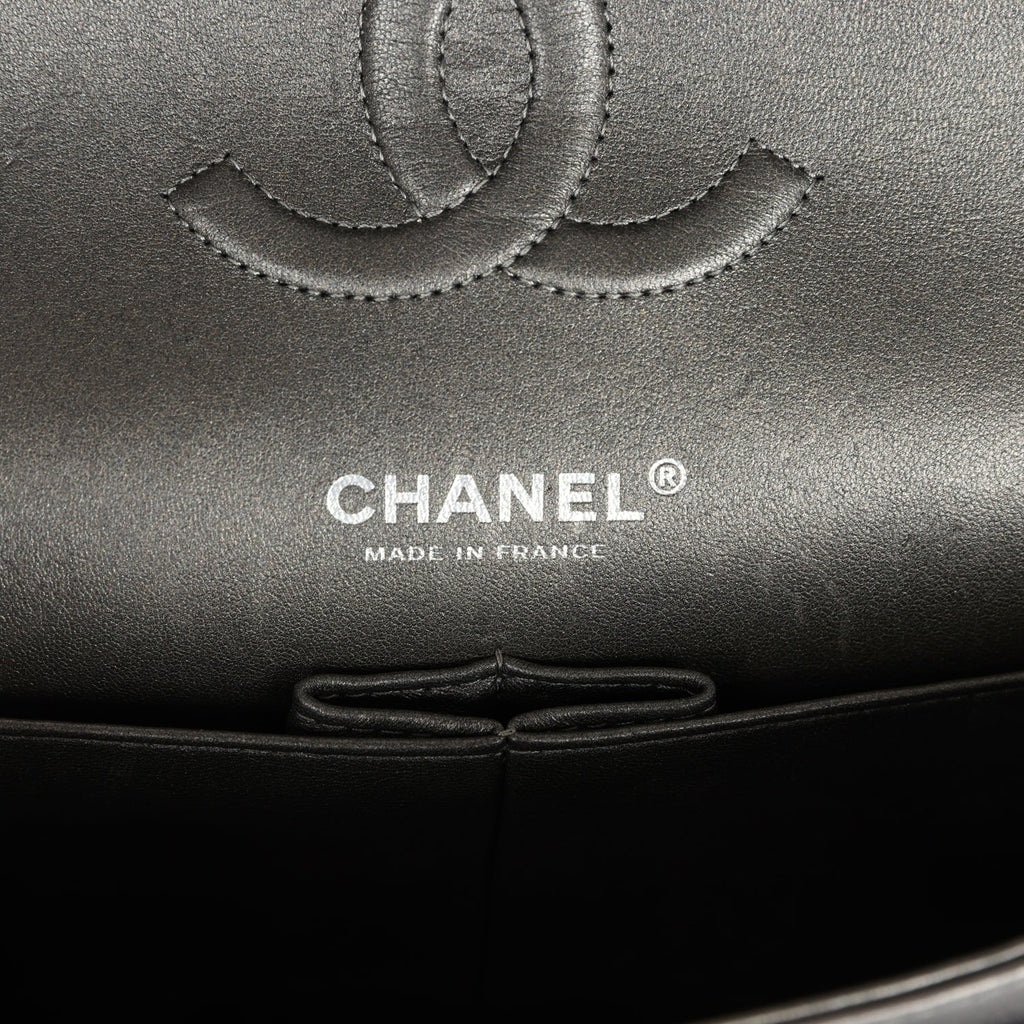 Pre-owned Chanel Medium Classic Double Flap Bag Metallic Grey Lambskin Silver Hardware - Image 9