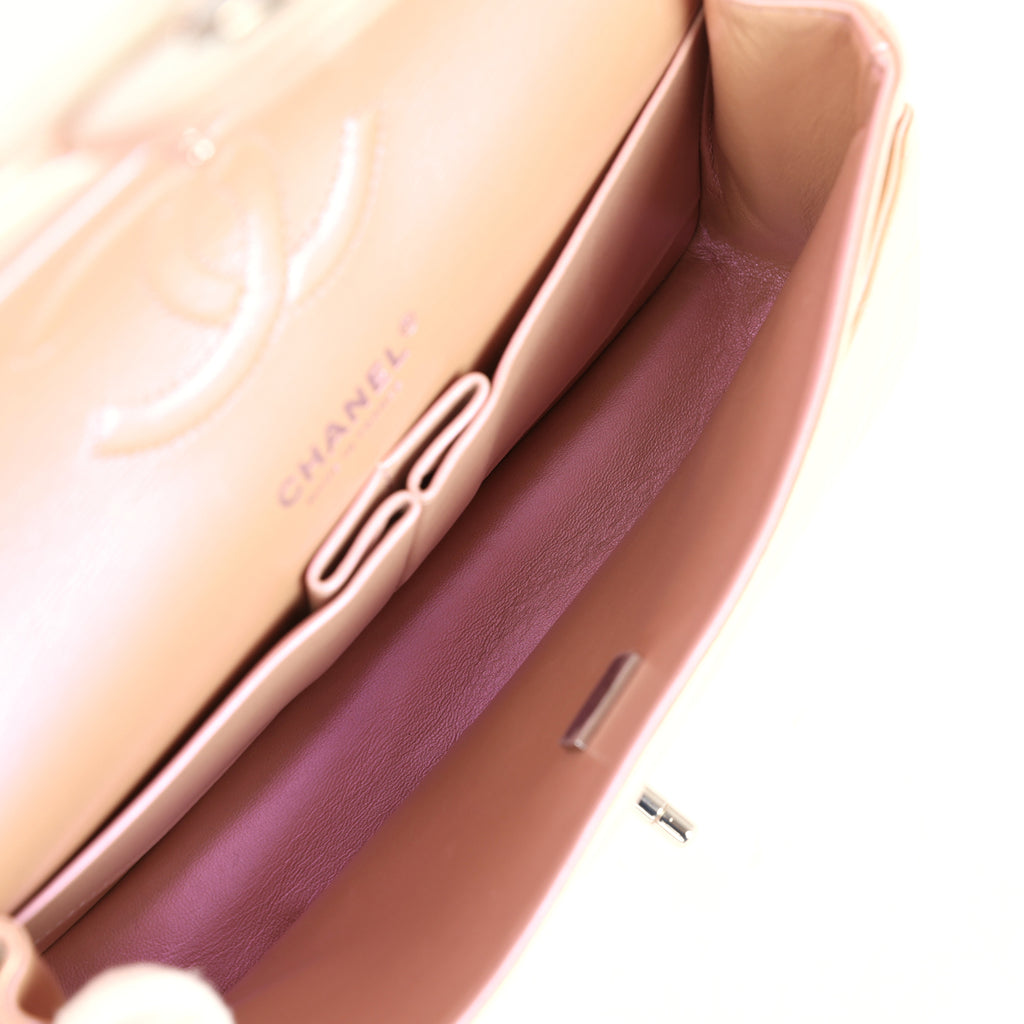 Chanel Medium Classic Double Flap Bag Pink Iridescent Lambskin Silver Hardware - Image 10