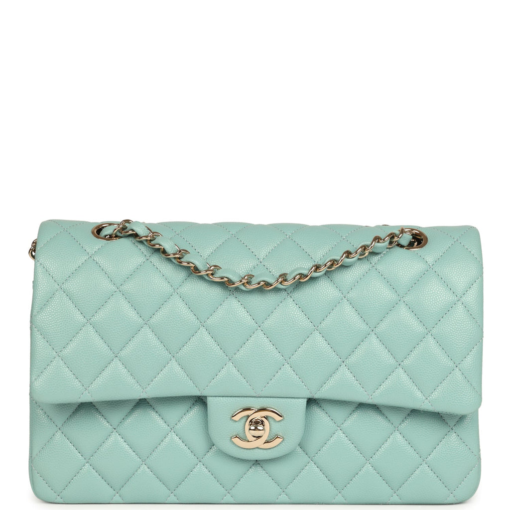 Pre-owned Chanel Medium Classic Double Flap Bag Light Blue Caviar Silver Hardware