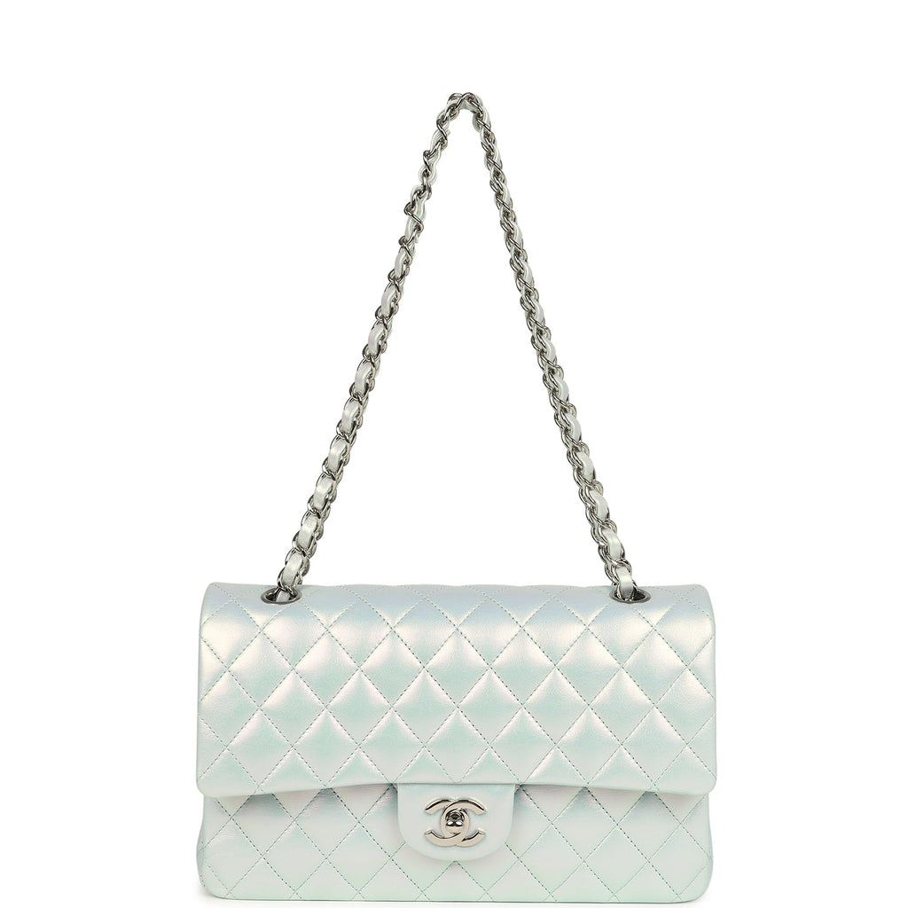 Pre-owned Chanel Medium Classic Double Flap Bag Light Blue Iridescent Calfskin Silver Hardware - Image 8