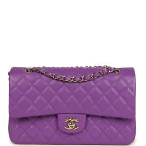 Pre-owned Chanel Medium Classic Double Flap Bag Dark Purple Shiny Caviar Light Gold Hardware