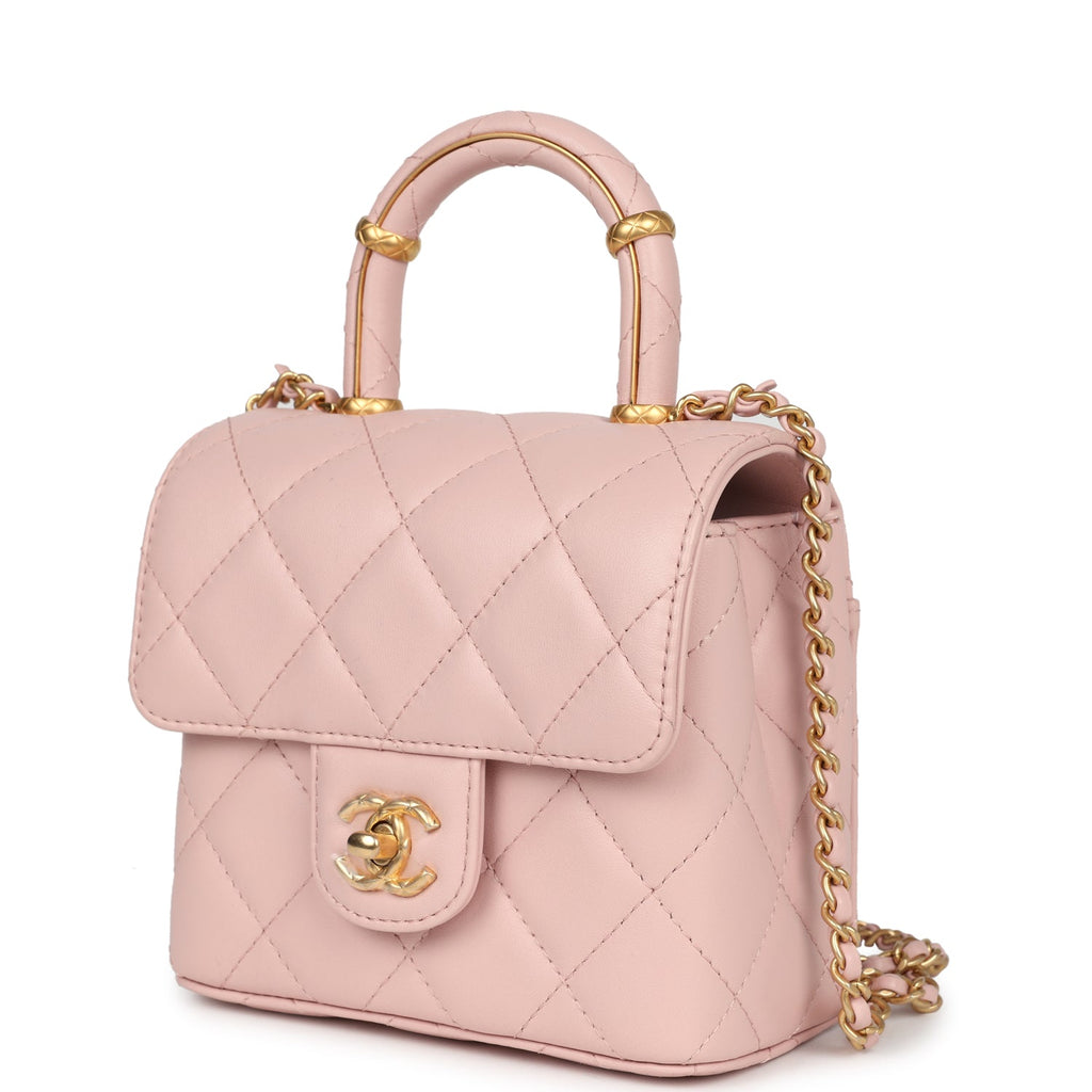 Chanel Mini Square Top Handle Flap Light Pink Lambskin Antique Gold Hardware - Image 6
