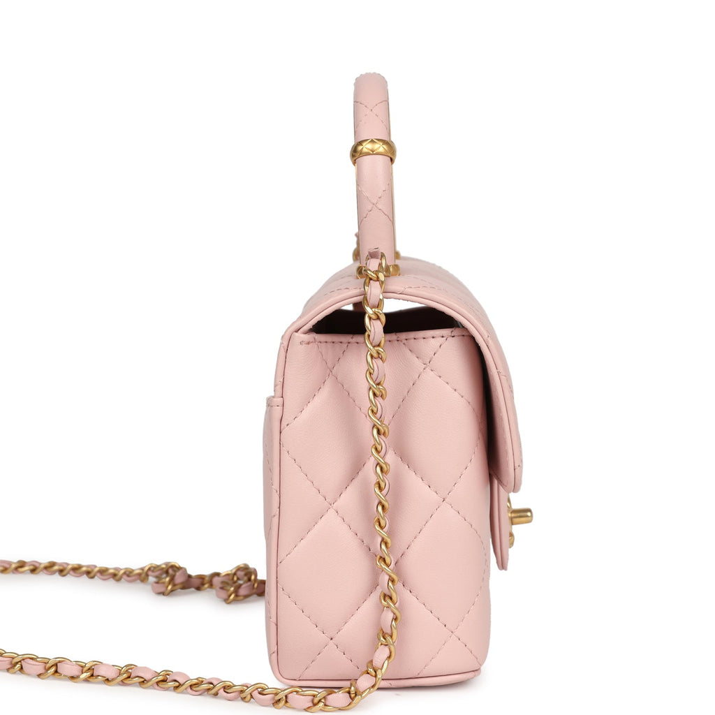 Chanel Mini Square Top Handle Flap Light Pink Lambskin Antique Gold Hardware - Image 4