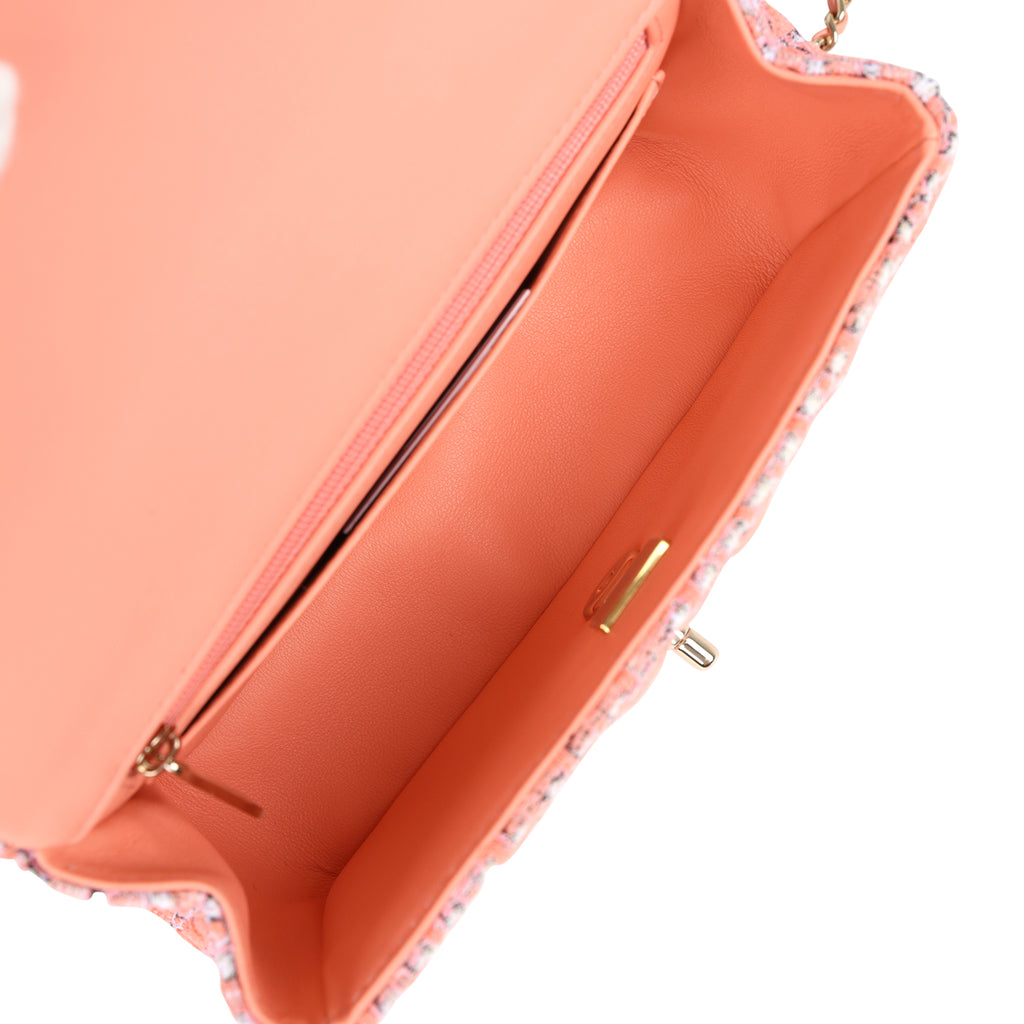 Chanel Mini Rectangular Top Handle Flap Bag Coral Tweed Light Gold Hardware - Image 9