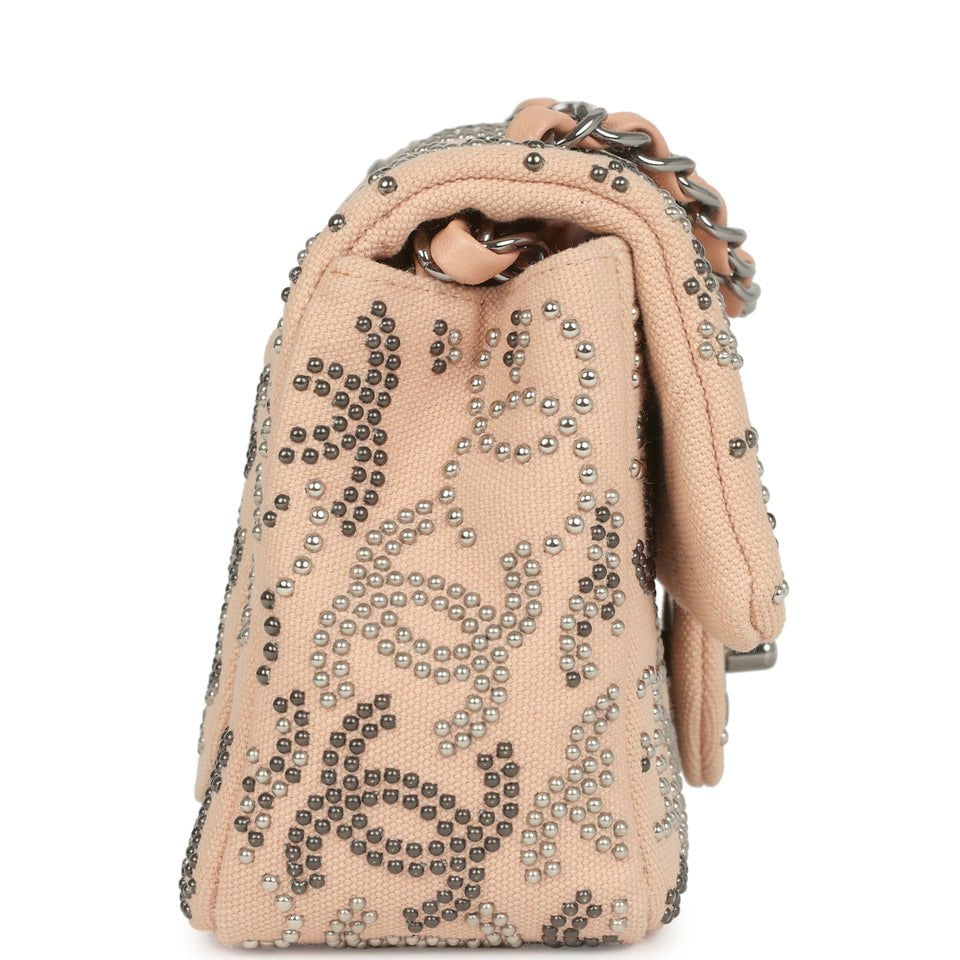 Pre-owned Chanel Mini CC Studded Rectangular Flap Bag Light Pink Canvas Ruthenium Hardware - Image 5