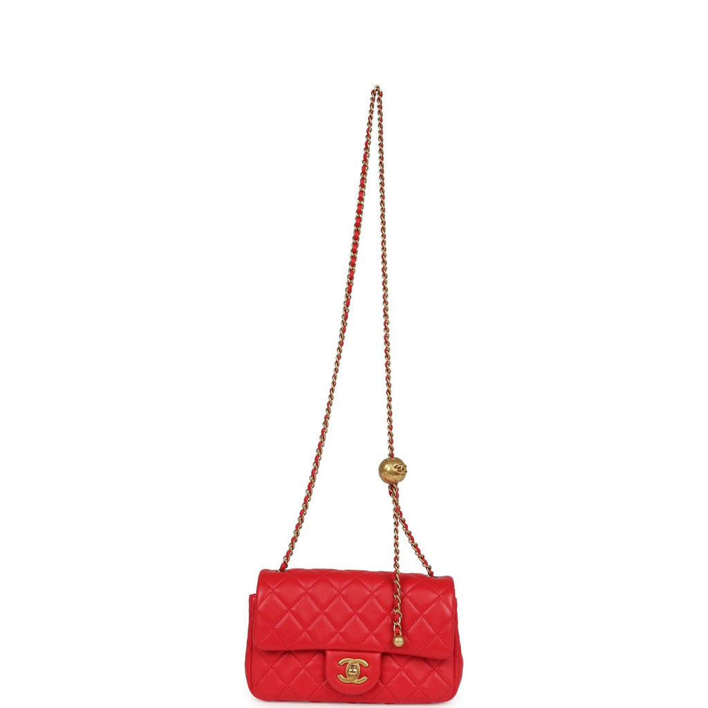 Pre-owned Chanel Mini Pearl Crush Rectangular Flap Bag Red Lambskin Brushed Gold Hardware - Image 8