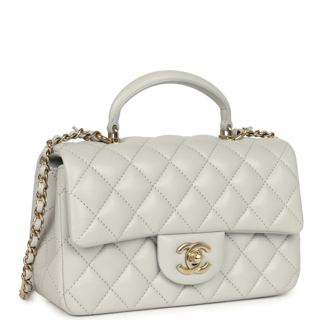 Chanel Mini Rectangular Flap Bag with Top Handle Light Grey Lambskin Light Gold Hardware - Image 3