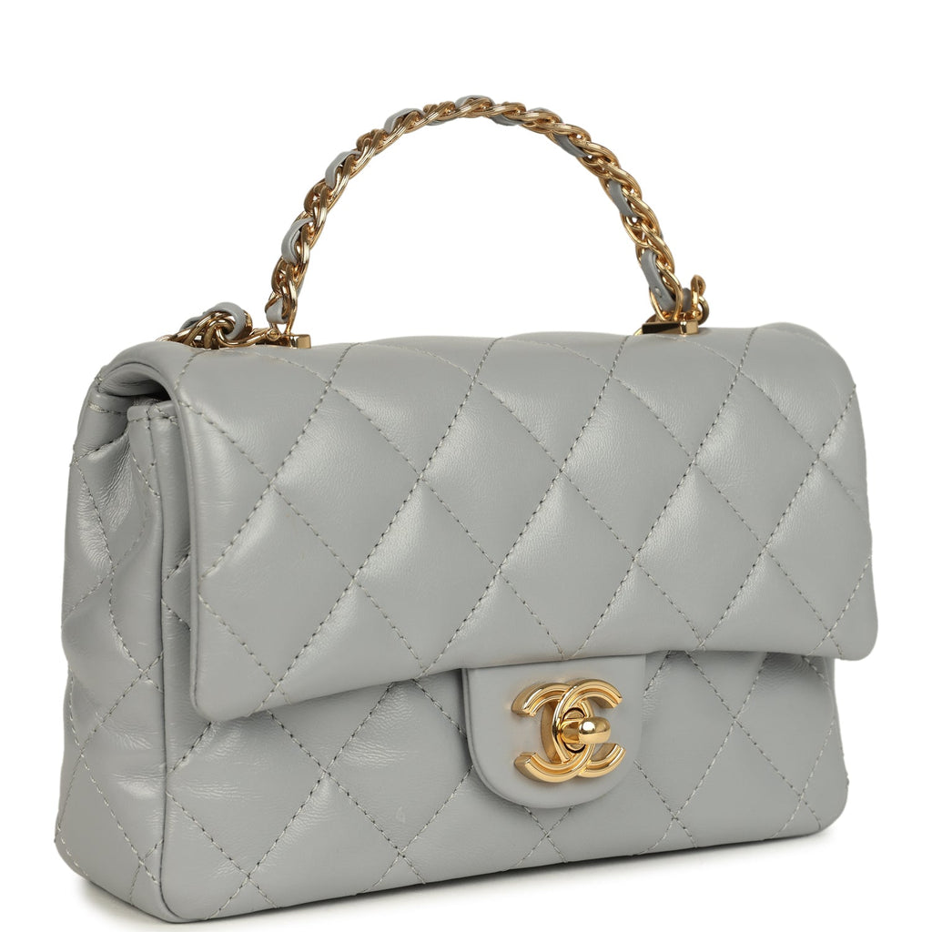 Pre-owned Chanel Mini CC Rectangular Flap Bag with Top Handle Light Grey Lambskin Gold Hardware - Image 3