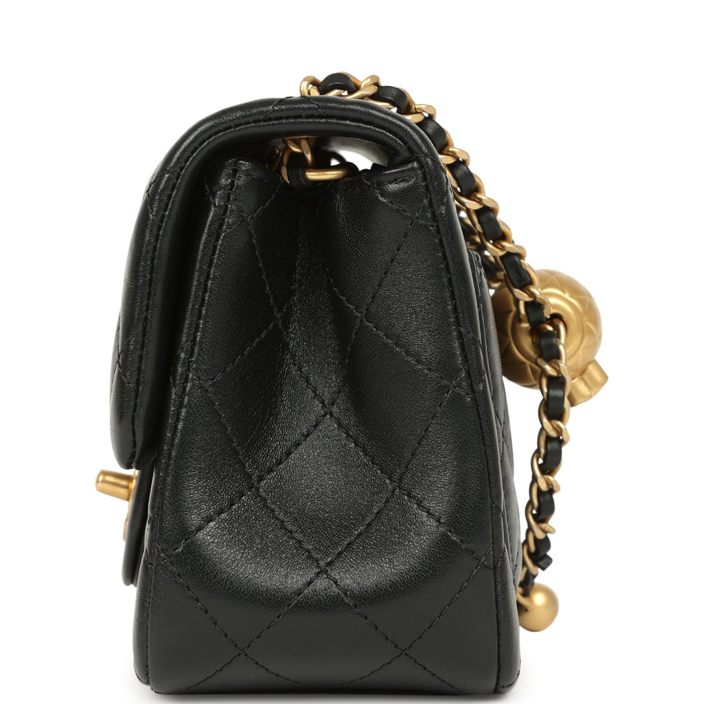 Chanel Mini Pearl Crush Square Flap Bag Black Shiny Lambskin Brushed Gold Hardware - Image 4