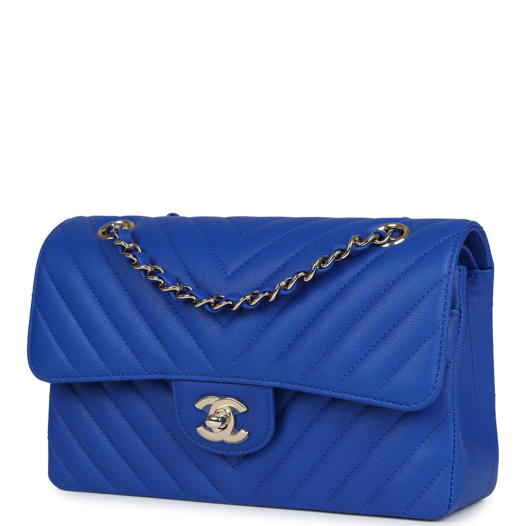 Chanel Small Classic Double Flap Blue Chevron Caviar Light Gold Hardware - Image 6