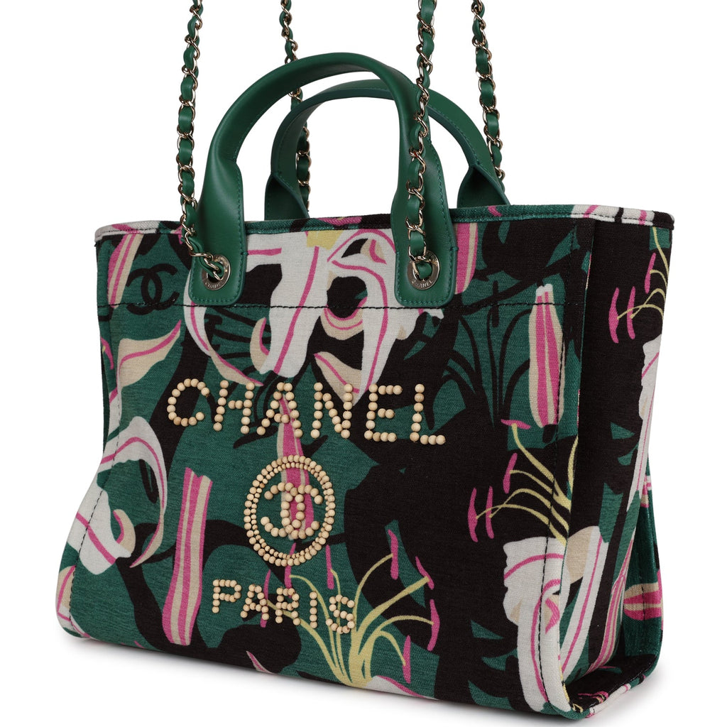 Chanel Small Deauville Shopping Tote Green and Pink Tropical Floral Velvet Light Gold Hardware - Image 7
