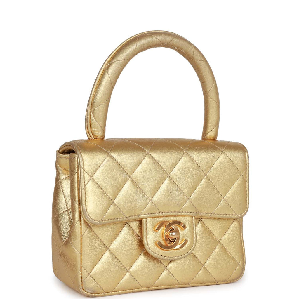 Vintage Chanel Mini Top Handle Kelly Child Flap Bag Gold Metallic Lambskin Gold Hardware - Image 3