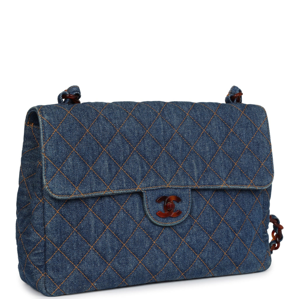 Vintage Chanel Jumbo Classic Single Flap Bag Blue Denim Tortoiseshell Bakelite Hardware - Image 3