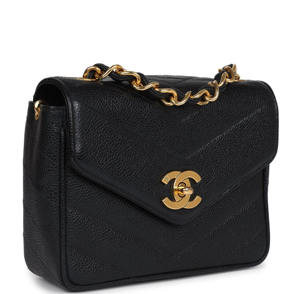Vintage Chanel Square Chevron Envelope Flap Bag Black Caviar Gold Hardware - Image 3