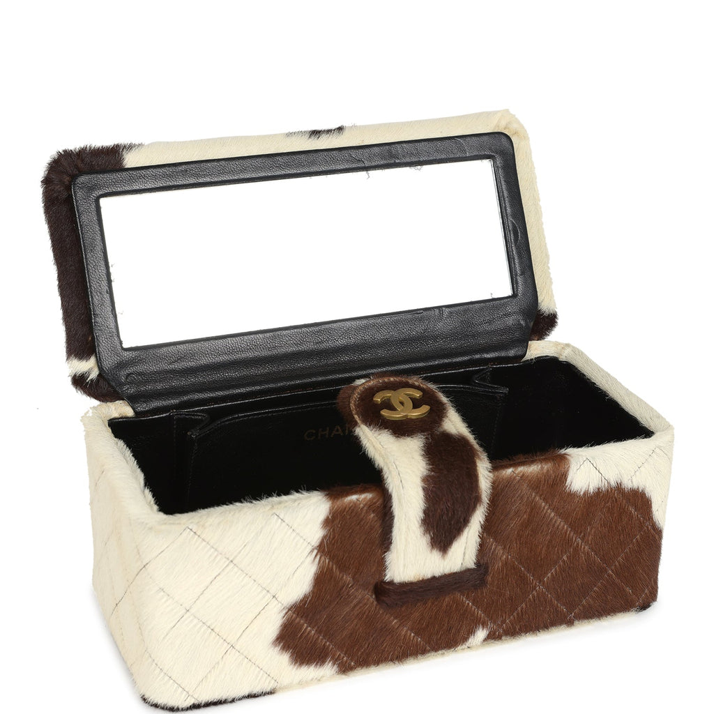 Vintage Chanel Rectangular Vanity Box Brown and White Cow Print Pony Hair Antique Gold Hardware - Image 9