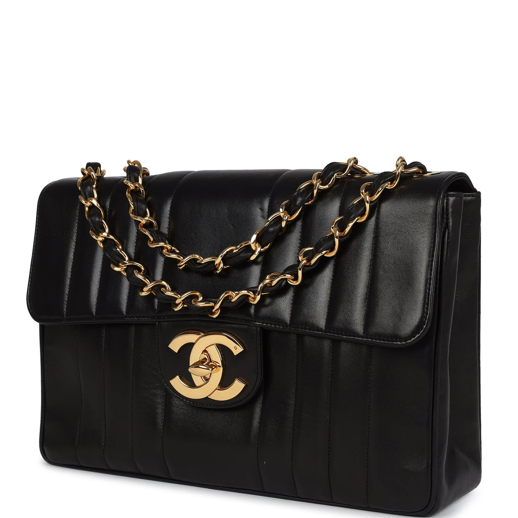 Vintage Chanel Jumbo Classic Mademoiselle Vertical Flap Black Lambskin Gold Hardware - Image 6