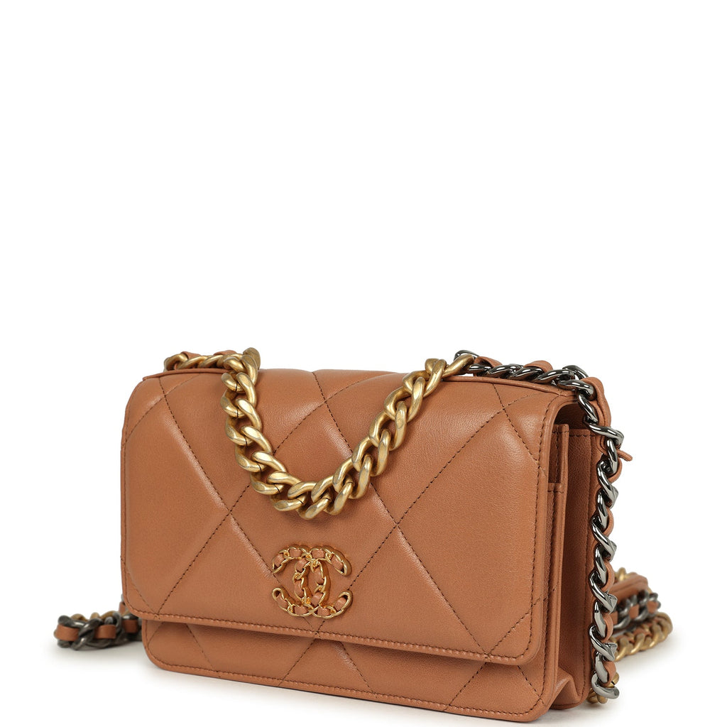 Chanel 19 Wallet On Chain WOC Brown Shiny Lambskin Mixed Metal Hardware - Image 6