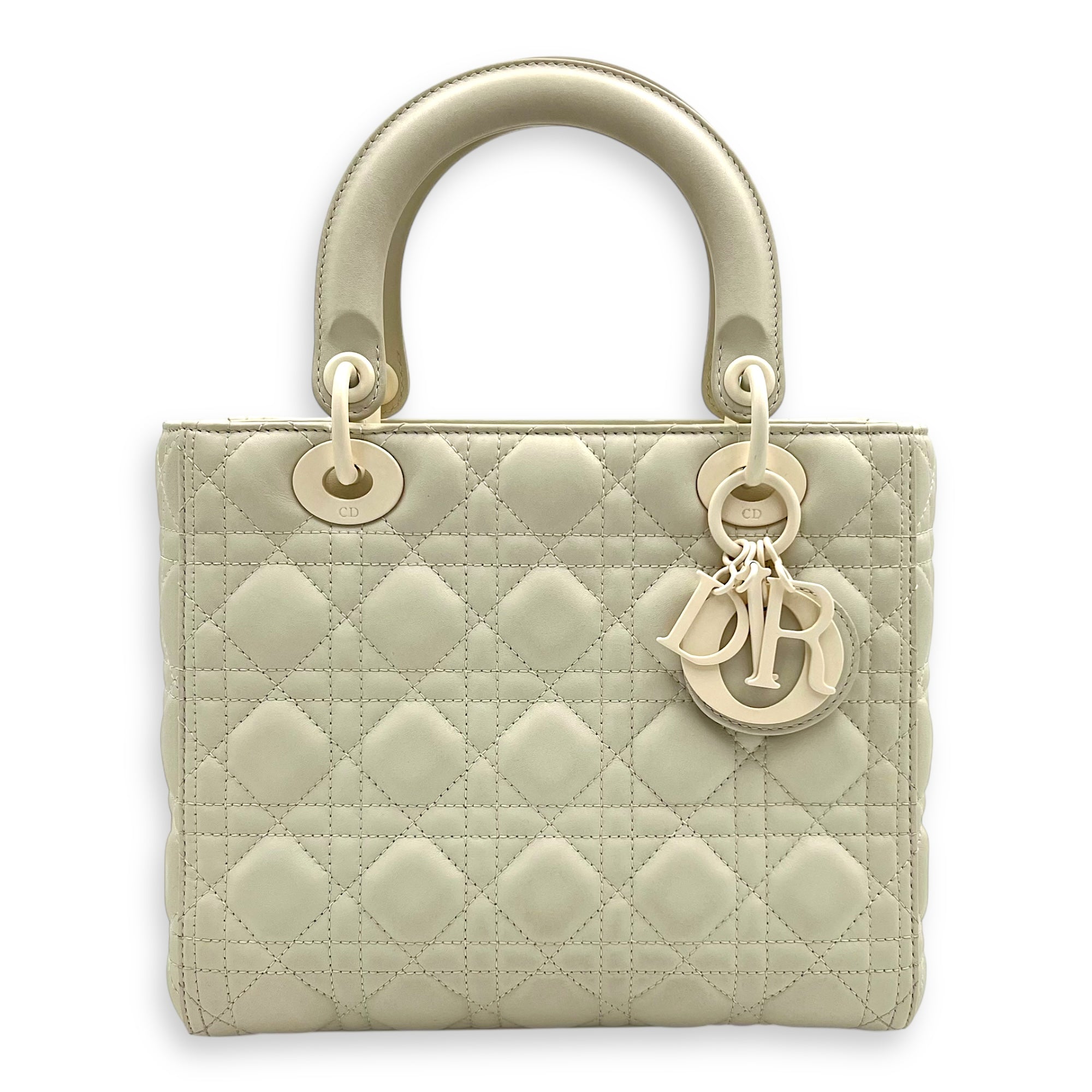 Lady Dior Top Handle Bag Medium White in Lambskin, Ultramatte hardware