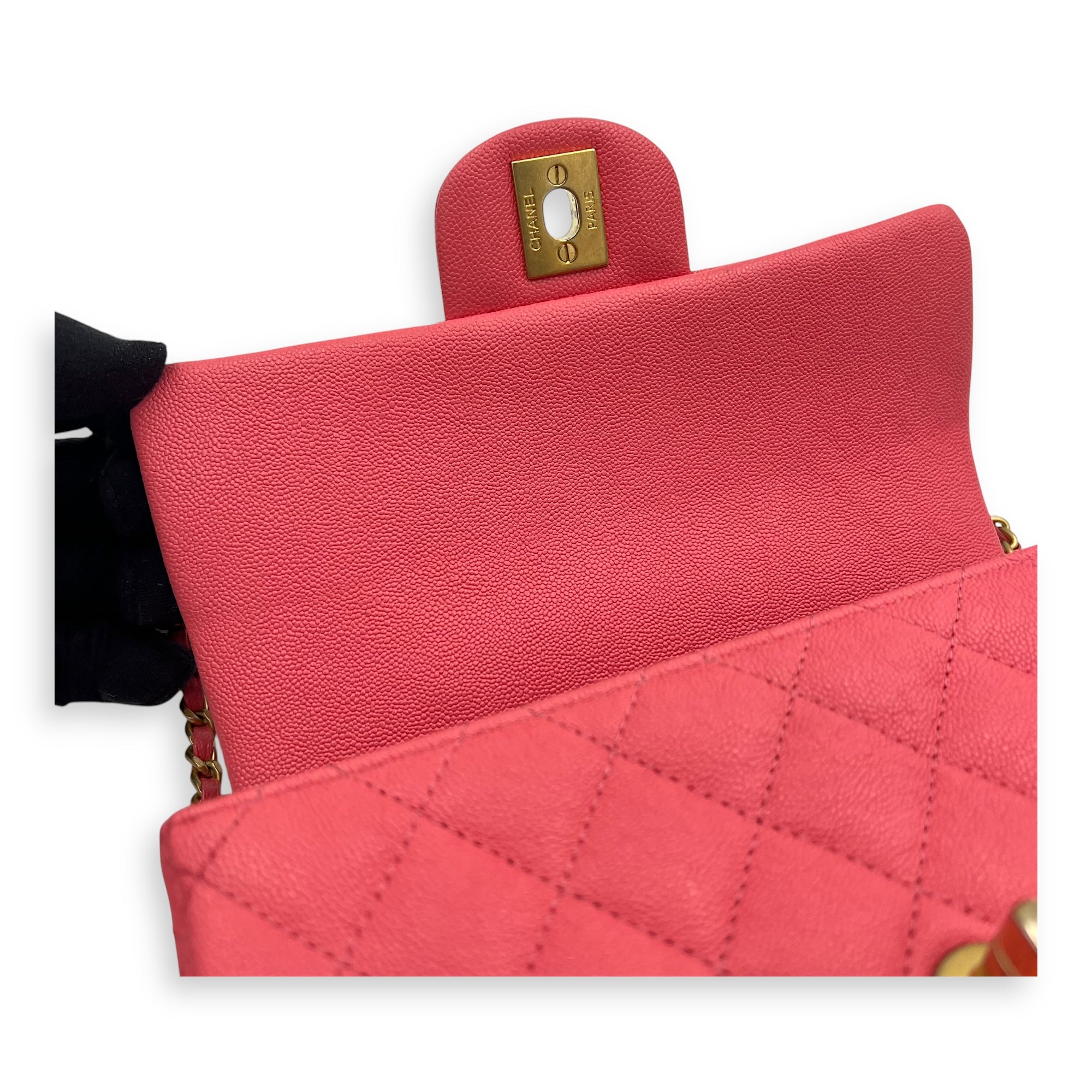 Rectangle Flap Mini Pink Top Handle Bag in Caviar Leather, Brushed Gold hardware - Image 12