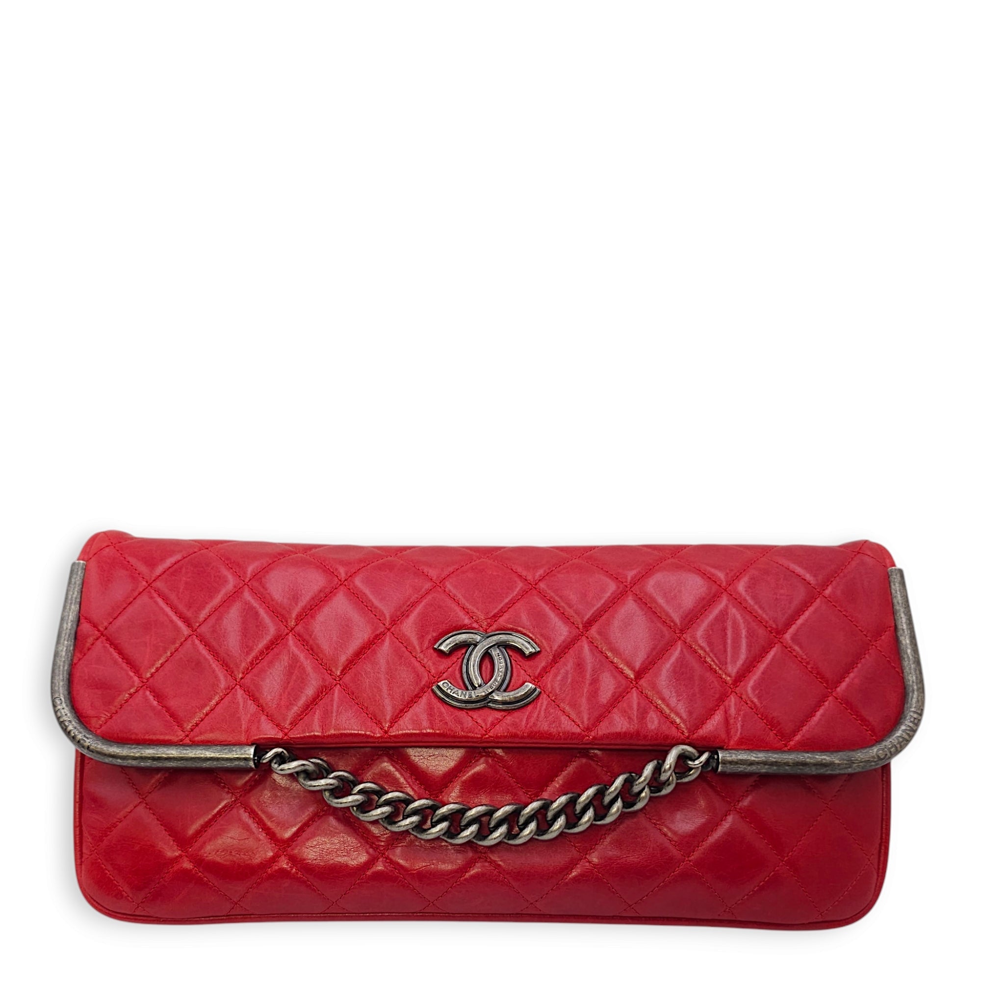 CC Quilt Red Clutch in Calfskin, Ruthenium hardware